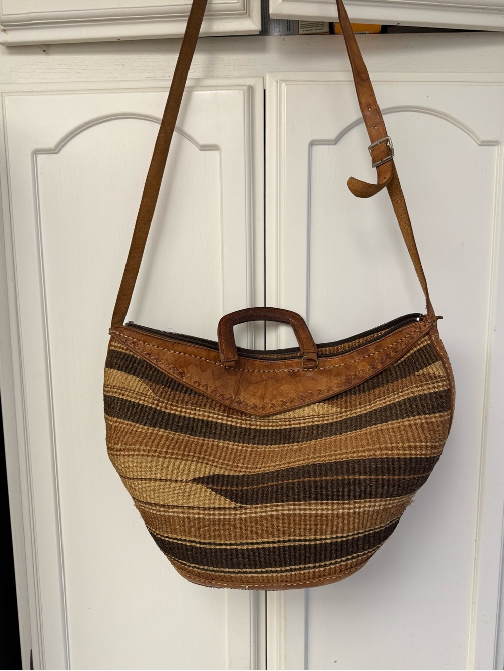 Woven Straw Shoulder Bag with Leather Trim in Brown